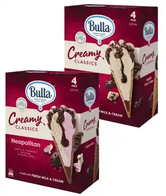 Coles Bulla Creamy Classic Cones 520mL or Creamy Classic Sandwich 560mL offer