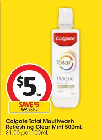 Coles Colgate Total Mouthwash Refreshing Clear Mint 500mL offer