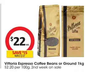 Coles Vittoria Espresso Coffee Beans or Ground 1kg offer