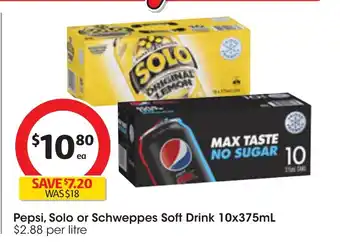 Coles Pepsi, Solo or Schweppes Soft Drink 10x375mL offer