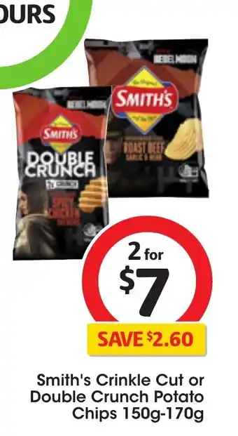Coles Smith's Crinkle Cut or Double Crunch Potato Chips 150g-170g offer