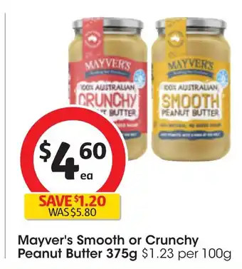 Mayver's Smooth or Crunchy Peanut Butter 375g
