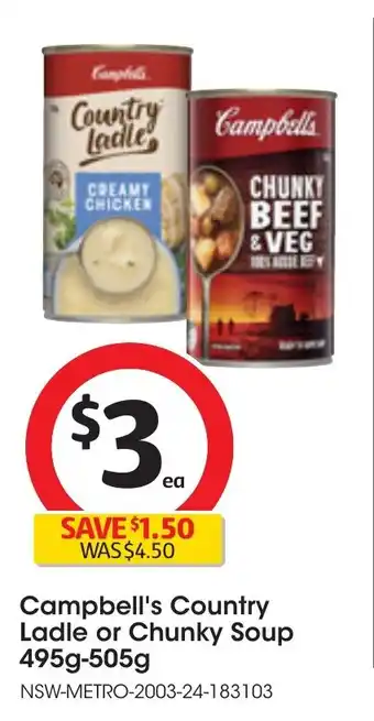 Coles Campbell's Country Ladle or Chunky Soup 495g-505g offer