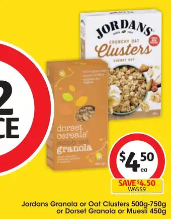 Coles Jordans Granola or Oat Clusters 500g-750g or Dorset Granola or Muesli 450g offer