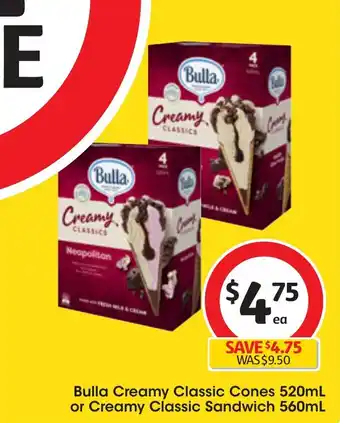 Coles Bulla Creamy Classic Cones 520mL or Creamy Classic Sandwich 560mL offer