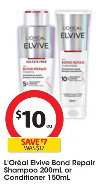 Coles L'Oréal Elvive Bond Repair Shampoo 200mL or Conditioner 150mL offer