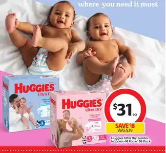 Coles Huggies Ultra Dry Jumbo Nappies 60 Pack-108 Pack offer