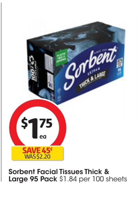 Sorbent Facial Tissues Thick & Large 95 Pack offer at Coles