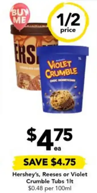 Drakes Hershey's, Reeses or Violet Crumble Tubs 1lt offer