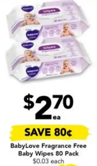 Drakes BabyLove Fragrance Free Baby Wipes 80 Pack offer