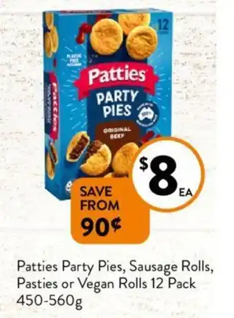 Foodworks Patties Party Pies, Sausage Rolls, Pasties or Vegan Rolls 12 Pack 450-560g offer