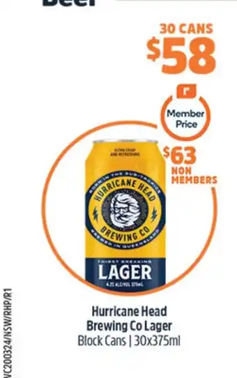 Woolworths Hurricane Head Brewing Co Lager Block Cans | 30x375mL offer