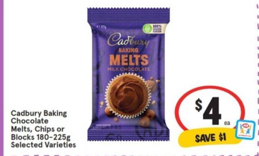 Cadbury Baking Chocolate Melts, Chips or Blocks 180-225g offer at IGA