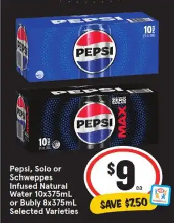 IGA Pepsi, Solo or Schweppes Infused Natural Water 10x375mL or Bubly 8x375mL offer