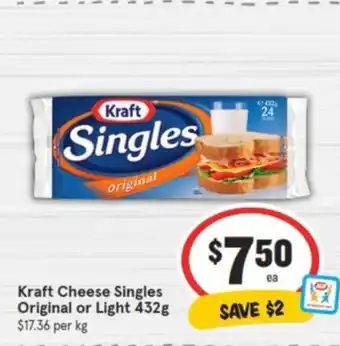 IGA Kraft Cheese Singles Original or Light 432g offer