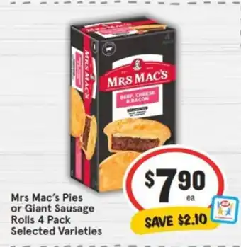 IGA Mrs Mac's Pies or Giant Sausage Rolls 4 Pack offer