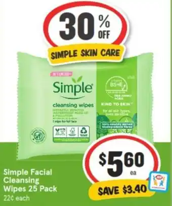 IGA Simple Facial Cleansing Wipes 25 Pack offer
