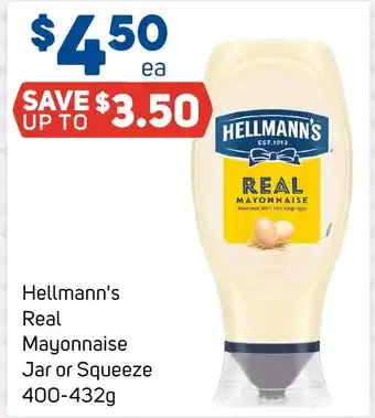 Foodland Hellmann's Real Mayonnaise Jar or Squeeze 400-432g offer