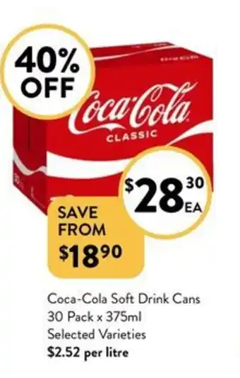 Foodworks Coca-Cola Soft Drink Cans 30 Pack x 375mL offer