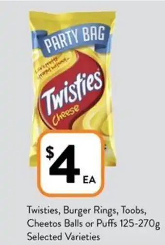 Foodworks Twisties, Burger Rings, Toobs, Cheetos Balls or Puffs 125-270g offer