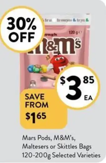 Foodworks Mars Pods, M&M's, Maltesers or Skittles Bags 120-200g offer