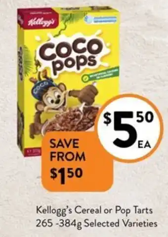 Foodworks Kellogg's Cereal or Pop Tarts 265-384g offer