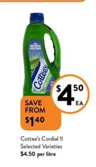 Foodworks Cottee's Cordial 1L offer