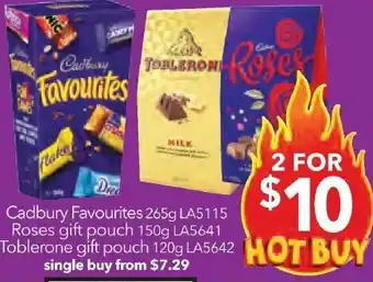Cadbury Favourites 265g, Roses gift pouch 150g Toblerone gift pouch 120g