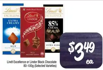 Farmer Jack's Lindt Excellence or Lindor Block Chocolate 80-100g offer
