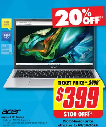 The Good Guys Aspire 3 15" Laptop offer
