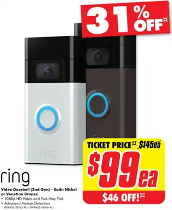 The Good Guys ring Video Doorbell (2nd Gen) - Satin Nickel or Venetian Bronze offer