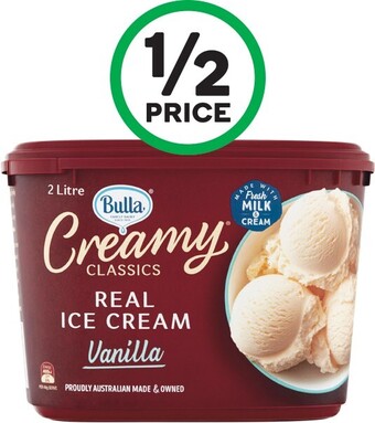 Woolworths Bulla Creamy Classics Ice Cream 2 Litre or Bulla Creamy Classics Sandwiches 560ml Pk 4 u2013 From the Freezer offer