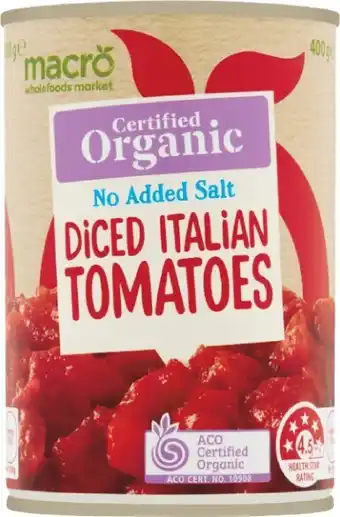 Woolworths Macro Organic Tomatoes Diced No Added Salt 400g offer