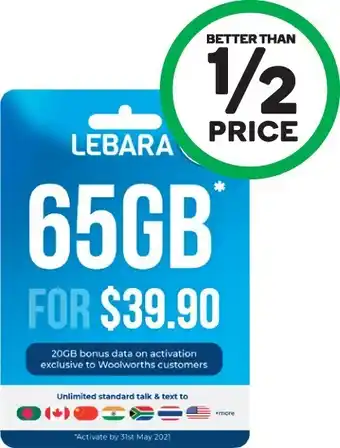 Woolworths Lebara $39.90 Starter Packu2020 offer