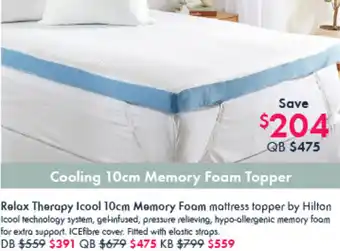 Pillow Talk Relax Therapy Icool 10cm Memory Foam mattress topper by Hilton offer