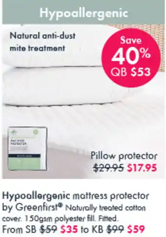 Pillow Talk Hypoallergenic mattress protector by Greenfirst offer