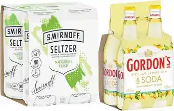 Gordonu2019s Mediterranean Orange or Sicilian Lemon Bottles 4x330mL & Smirnoff Seltzer Cans 4x250mL