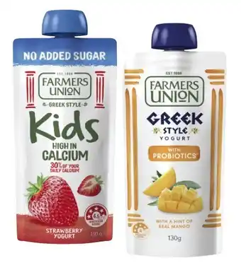 Coles Farmers Union Greek Style or No Added Sugar Kids Yoghurt Pouch 130g offer