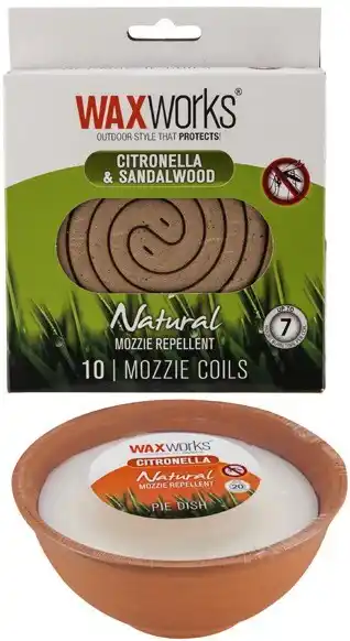 Coles Waxworks Citronella Pie Dish Candle 1 Each or Citronella Sandalwood Mozzie Coils 10 Pack offer