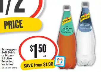 IGA Schweppes Soft Drink or Mixers 1.1 Litre offer