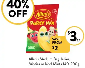 Foodworks Allen's Medium Bag Jellies, Minties or Kool Mints 140-200g offer