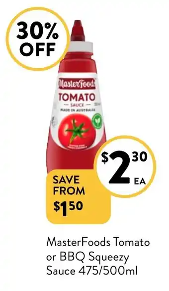 Foodworks MasterFoods Tomato or BBQ Squeezy Sauce 475/500mL offer