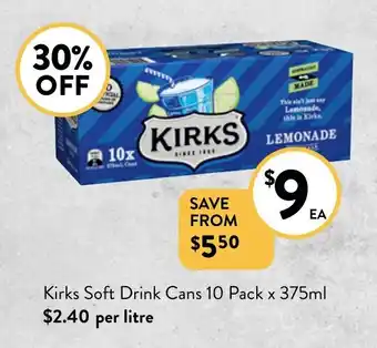 Foodworks Kirks Soft Drink Cans 10 Pack x 375mL offer