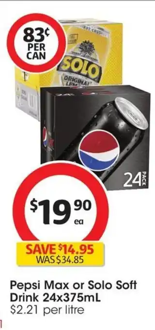 Coles Pepsi Max or Solo Soft Drink 24x375mL offer