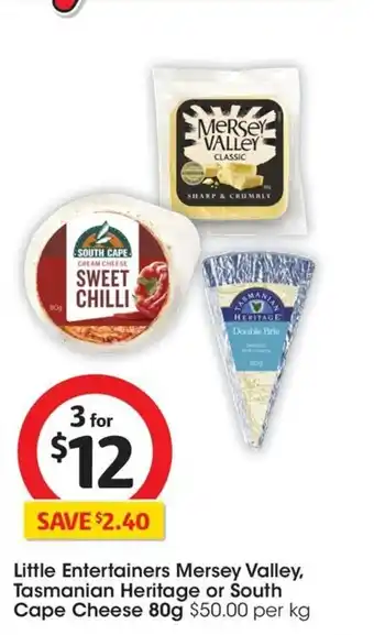 Coles Little Entertainers Mersey Valley, Tasmanian Heritage or South Cape Cheese 80g offer