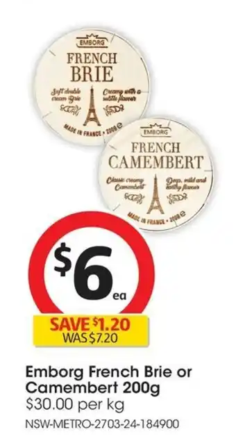 Coles Emborg French Brie or Camembert 200g offer