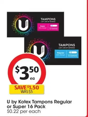 Coles U by Kotex Tampons Regular or Super 16 Pack offer