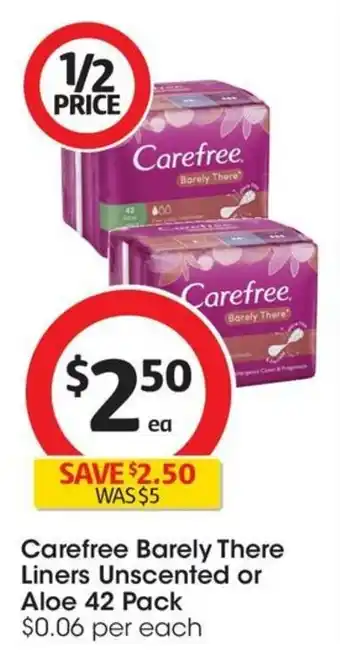 Coles Carefree Barely There Liners Unscented or Aloe 42 Pack offer