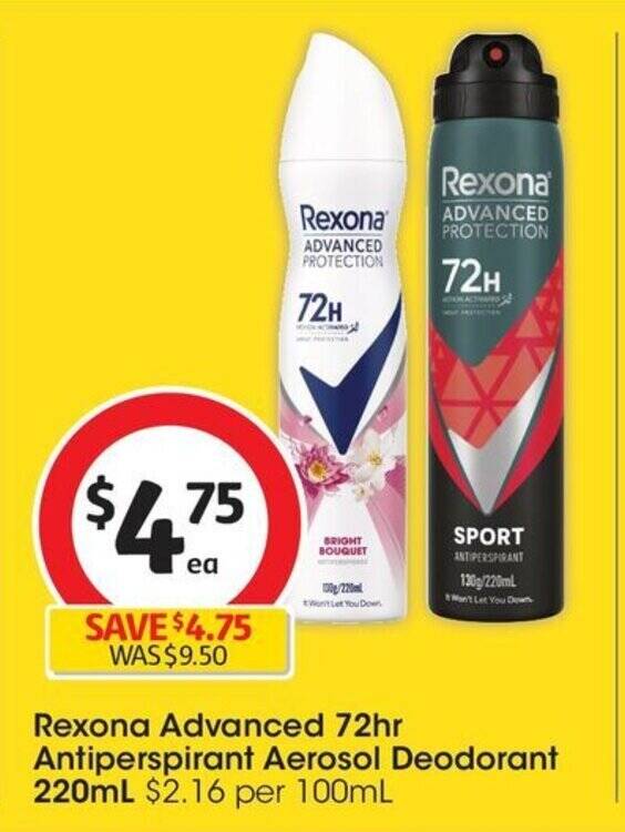 Rexona Advanced 72hr Antiperspirant Aerosol Deodorant 220mL offer at Coles