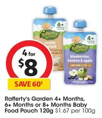 Coles Rafferty's Garden 4+ Months, 6+ Months or 8+ Months Baby Food Pouch 120g offer